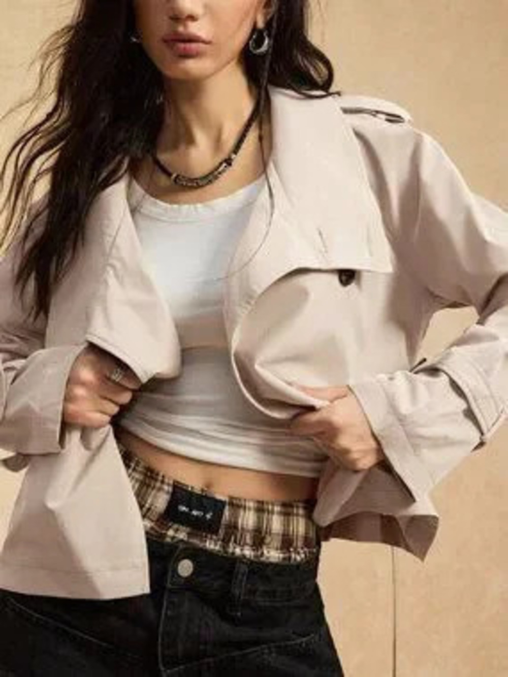 Apricot Casual Women's High Collar Cinched Waist Button Up Trench Coat